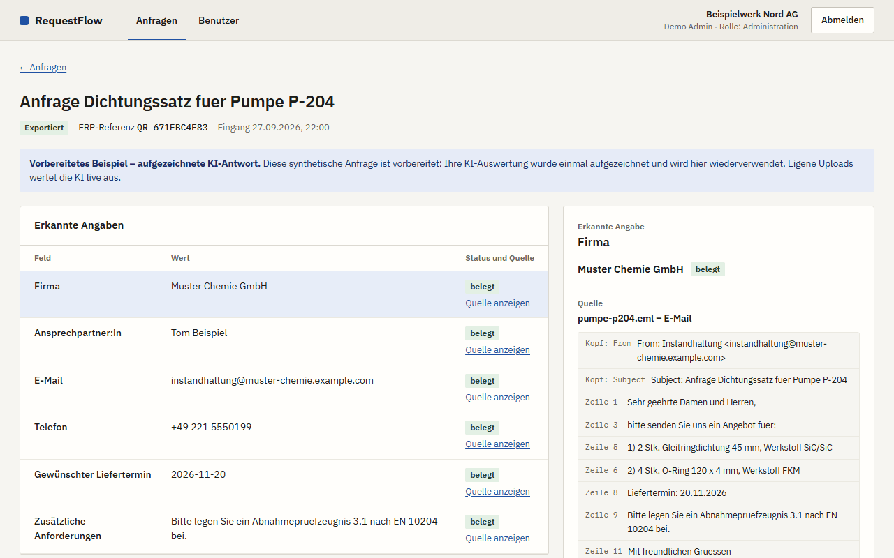 Exportierter Musterfall „Pumpe P204“ mit ERP-Referenz